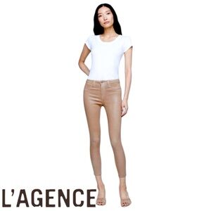 NWT L'Agence Margot Skinny High Rise Coated Denim Jeans Cappuccino Brown Size 26